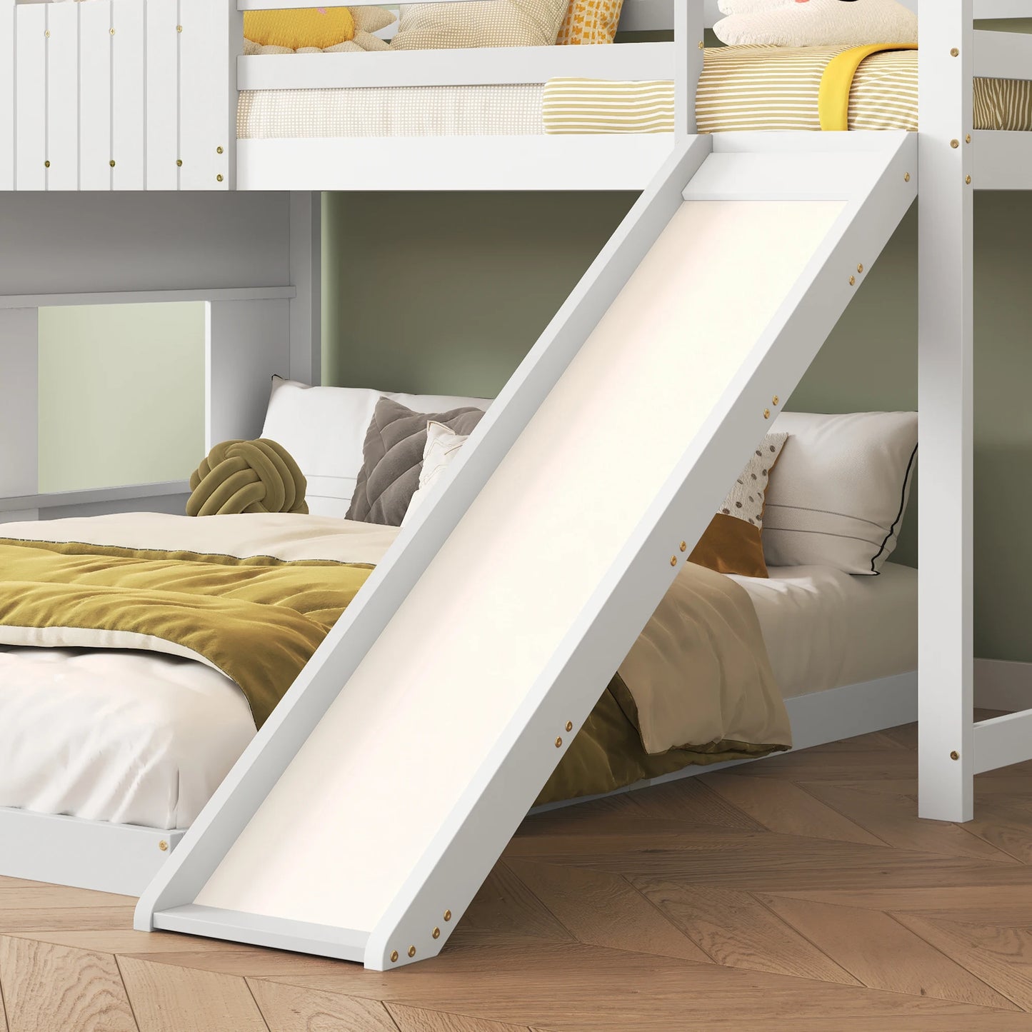 Children's bed with slide and window for fun and safety in the children's room, solid wood with ladder and fence