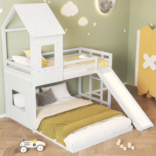 Children's bed with slide and window for fun and safety in the children's room, solid wood with ladder and fence