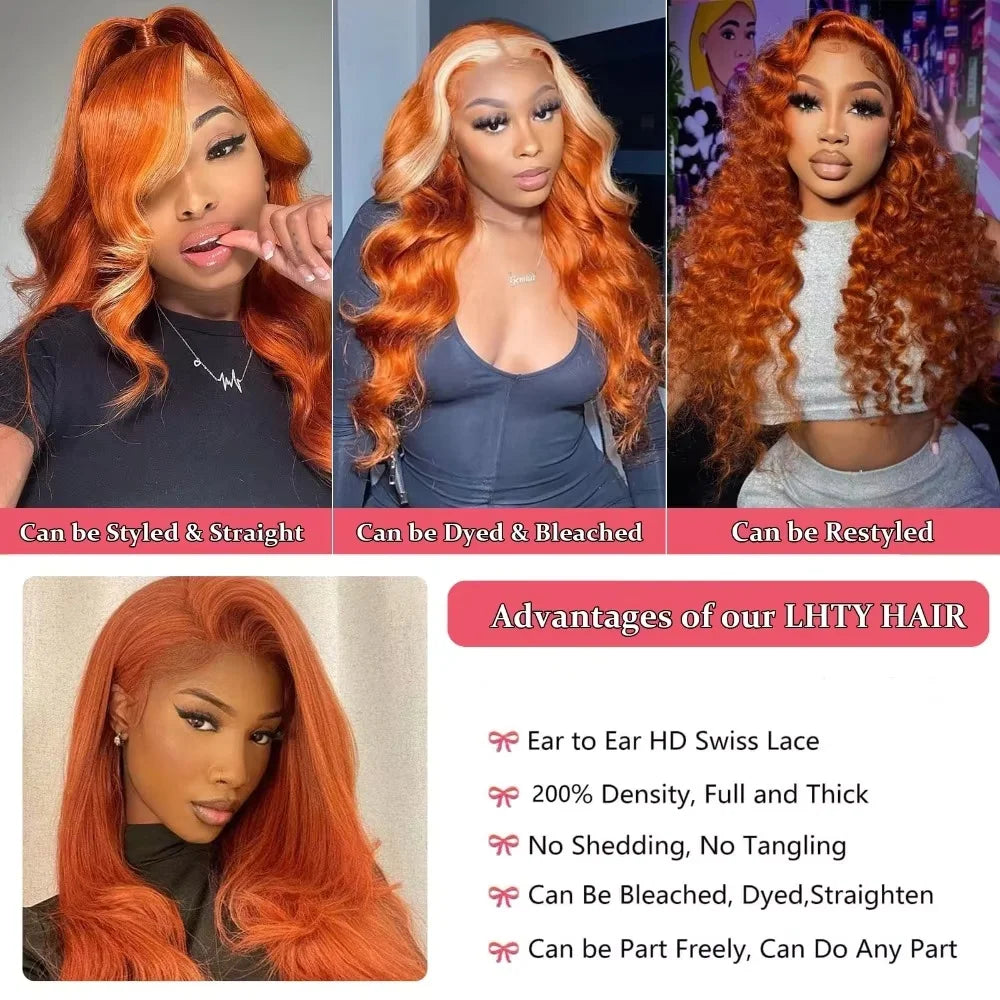 250% Density 350 Ginger Orange 13x4 Lace Front Wigs Brazilian Human Hair For Women Body Wave HD Lace Wig Pre Plucked Wig