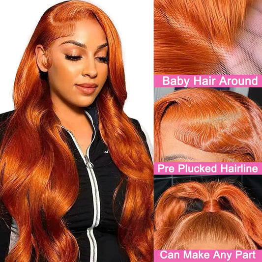 Ginger Orange 13x4 Lace Front Wigs Brazilian Human Hair 200% Density Body Wave Wig 350 Colored Human Hair Wig Pre Plucked