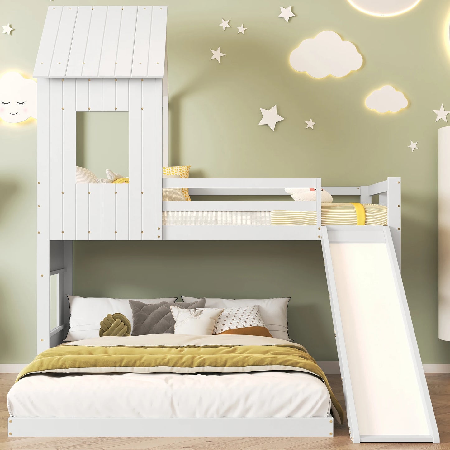 Children's bed with slide and window for fun and safety in the children's room, solid wood with ladder and fence
