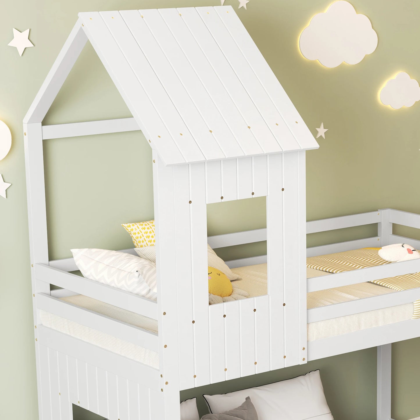 Children's bed with slide and window for fun and safety in the children's room, solid wood with ladder and fence