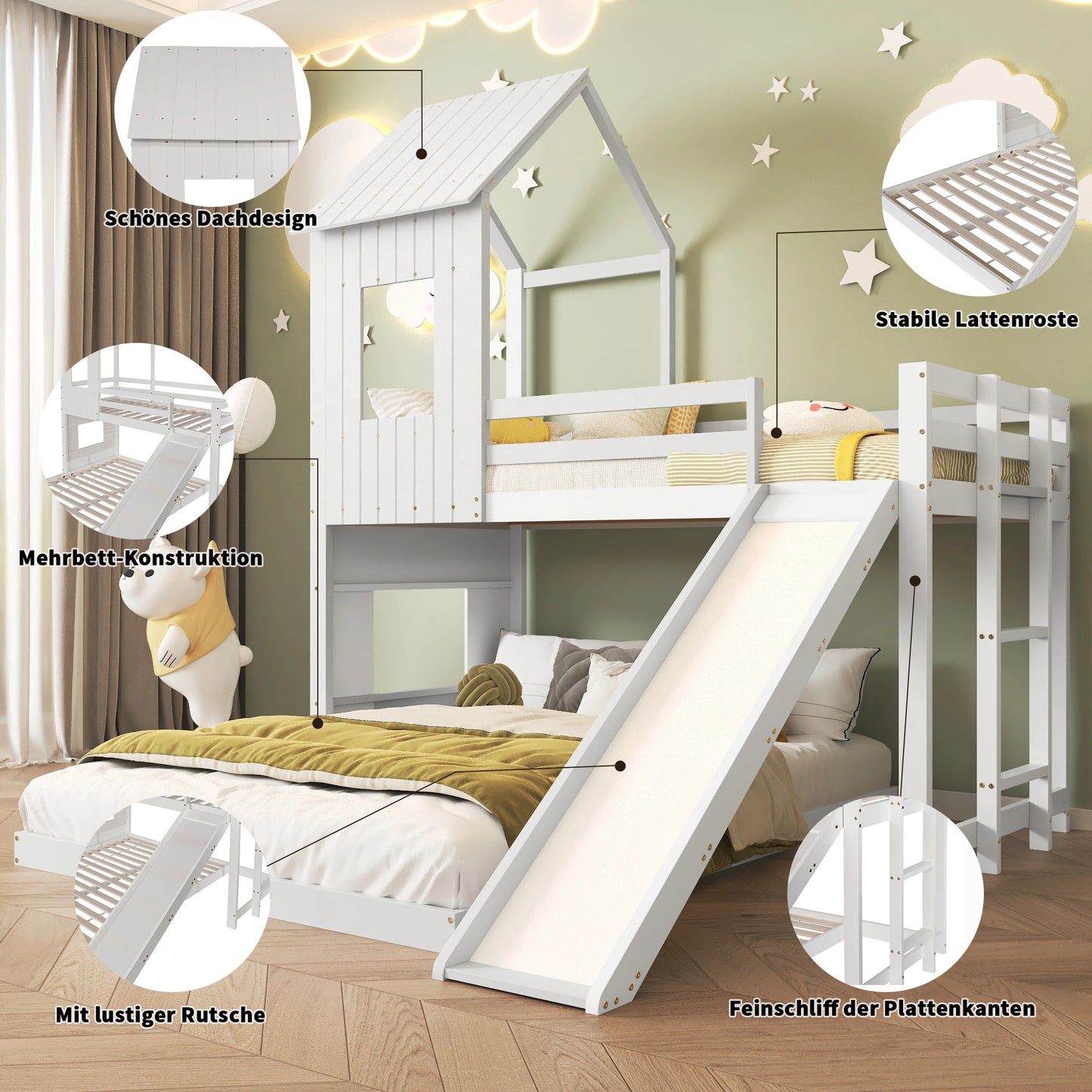 Children's bed with slide and window for fun and safety in the children's room, solid wood with ladder and fence