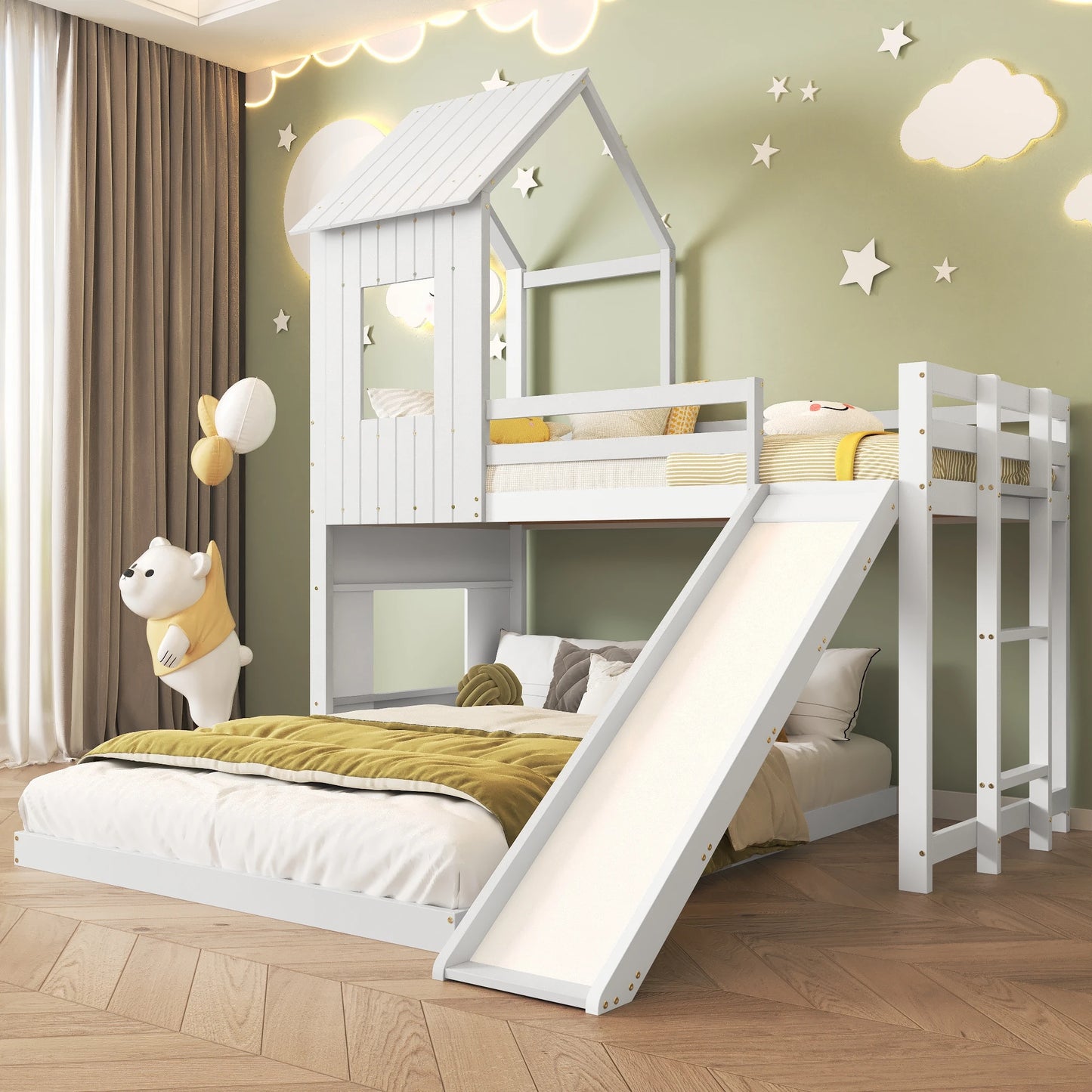 Children's bed with slide and window for fun and safety in the children's room, solid wood with ladder and fence