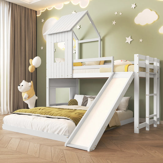Children's bed with slide and window for fun and safety in the children's room, solid wood with ladder and fence