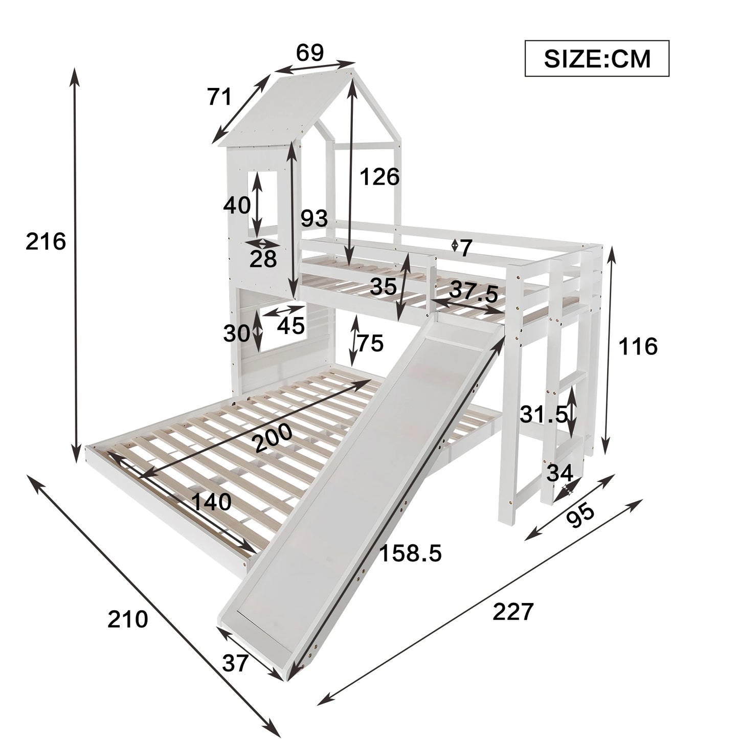 Children's bed with slide and window for fun and safety in the children's room, solid wood with ladder and fence