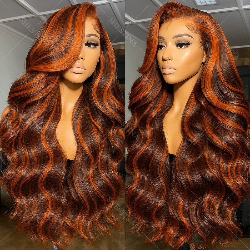 200% Ginger Brown Highlight Wig Human Hair Body Wave 13x4 Lace Front Wig PrePlucked Ombre Ginger Orange Colored 5x5 Glueless Wig