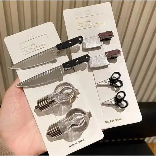 Creative Weird Knife Hair Clips Simulated Scissors Light Bulb Food Hairpins Girls Hairclip Punk Barrette Headwear Accessories