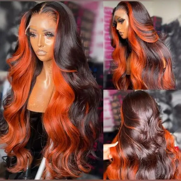 200 Density Ombre human Hair Wig Highlight Ginger Orange Brazilian 13X6 Hd Lace Front Wig Body Wave Pre-pluck Lace Frontal Wig
