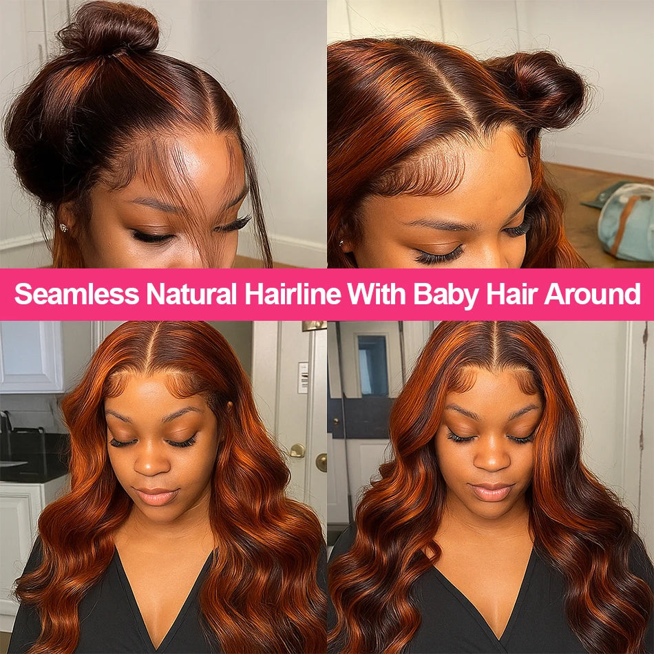 200% Ginger Brown Highlight Wig Human Hair Body Wave 13x4 Lace Front Wig PrePlucked Ombre Ginger Orange Colored 5x5 Glueless Wig