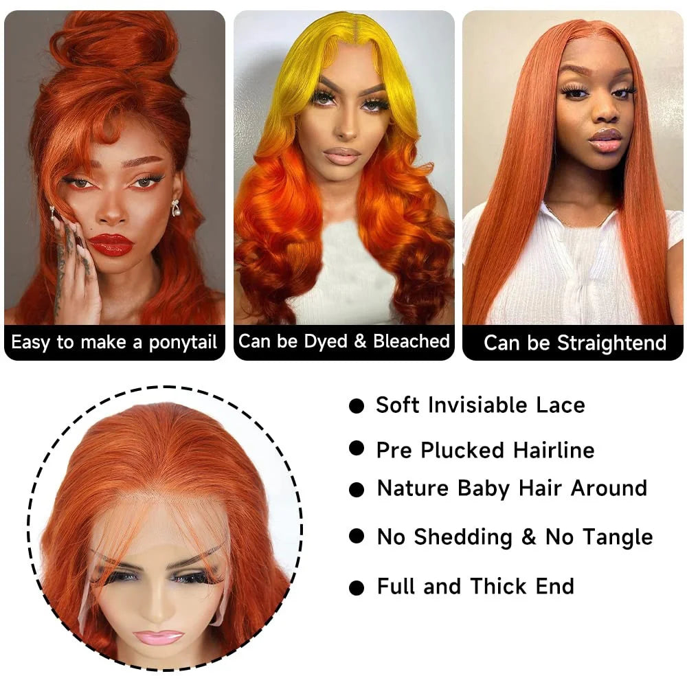 Ginger Orange 13x4 Lace Front Wigs Brazilian Human Hair 200% Density Body Wave Wig 350 Colored Human Hair Wig Pre Plucked