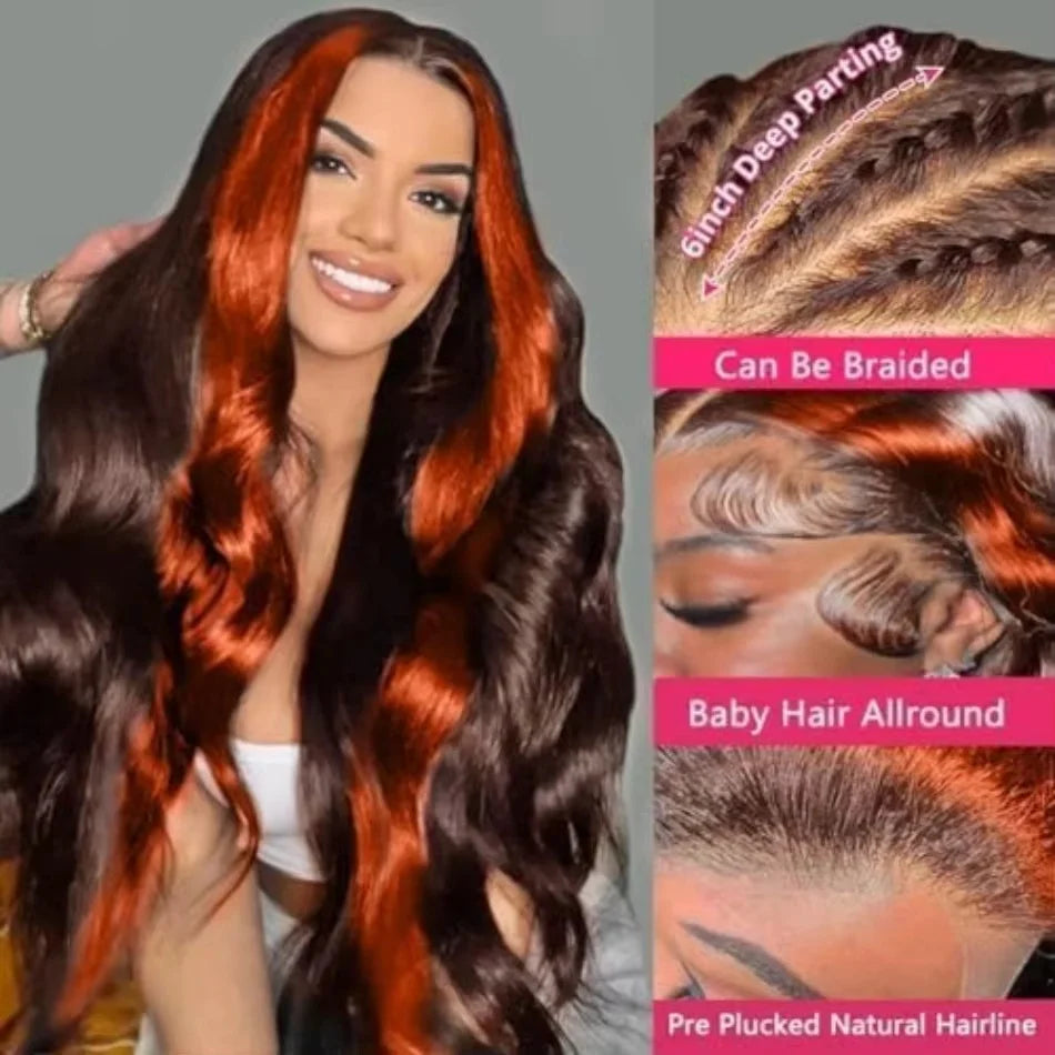200 Density Ombre human Hair Wig Highlight Ginger Orange Brazilian 13X6 Hd Lace Front Wig Body Wave Pre-pluck Lace Frontal Wig