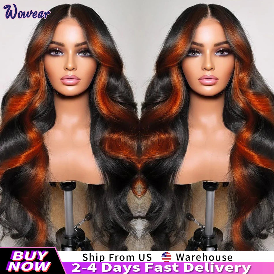 200 Density Ombre human Hair Wig Highlight Ginger Orange Brazilian 13X6 Hd Lace Front Wig Body Wave Pre-pluck Lace Frontal Wig