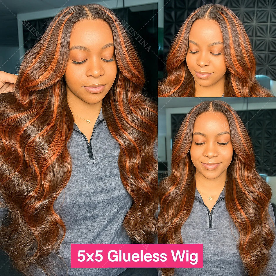 200% Ginger Brown Highlight Wig Human Hair Body Wave 13x4 Lace Front Wig PrePlucked Ombre Ginger Orange Colored 5x5 Glueless Wig