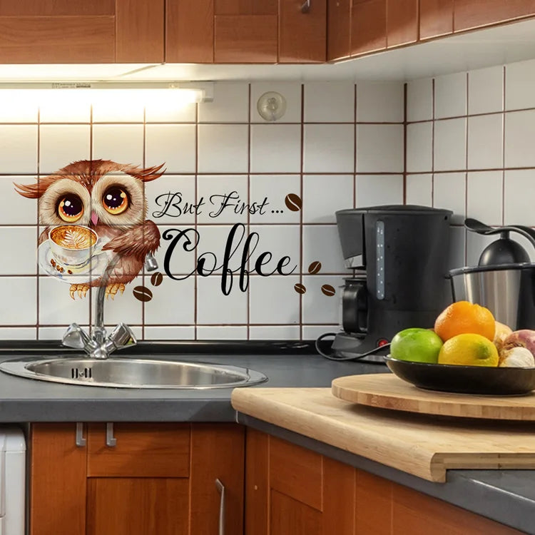 Cartoon Owl Coffee Cup Wall Sticker For Kitchen Restaurant Decoration Mural Cafe Pattern Room Home Decor Self-adhesive Wallpaper