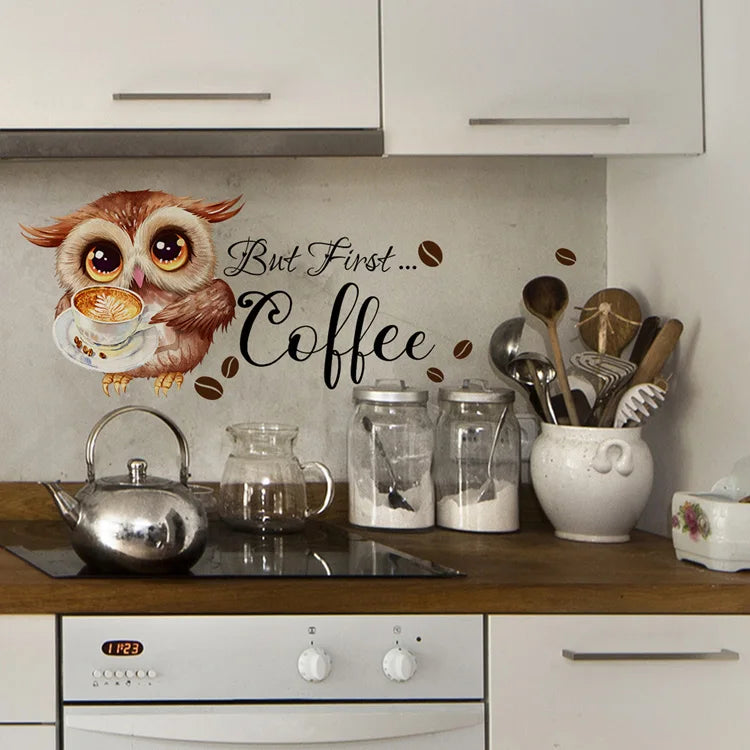 Cartoon Owl Coffee Cup Wall Sticker For Kitchen Restaurant Decoration Mural Cafe Pattern Room Home Decor Self-adhesive Wallpaper
