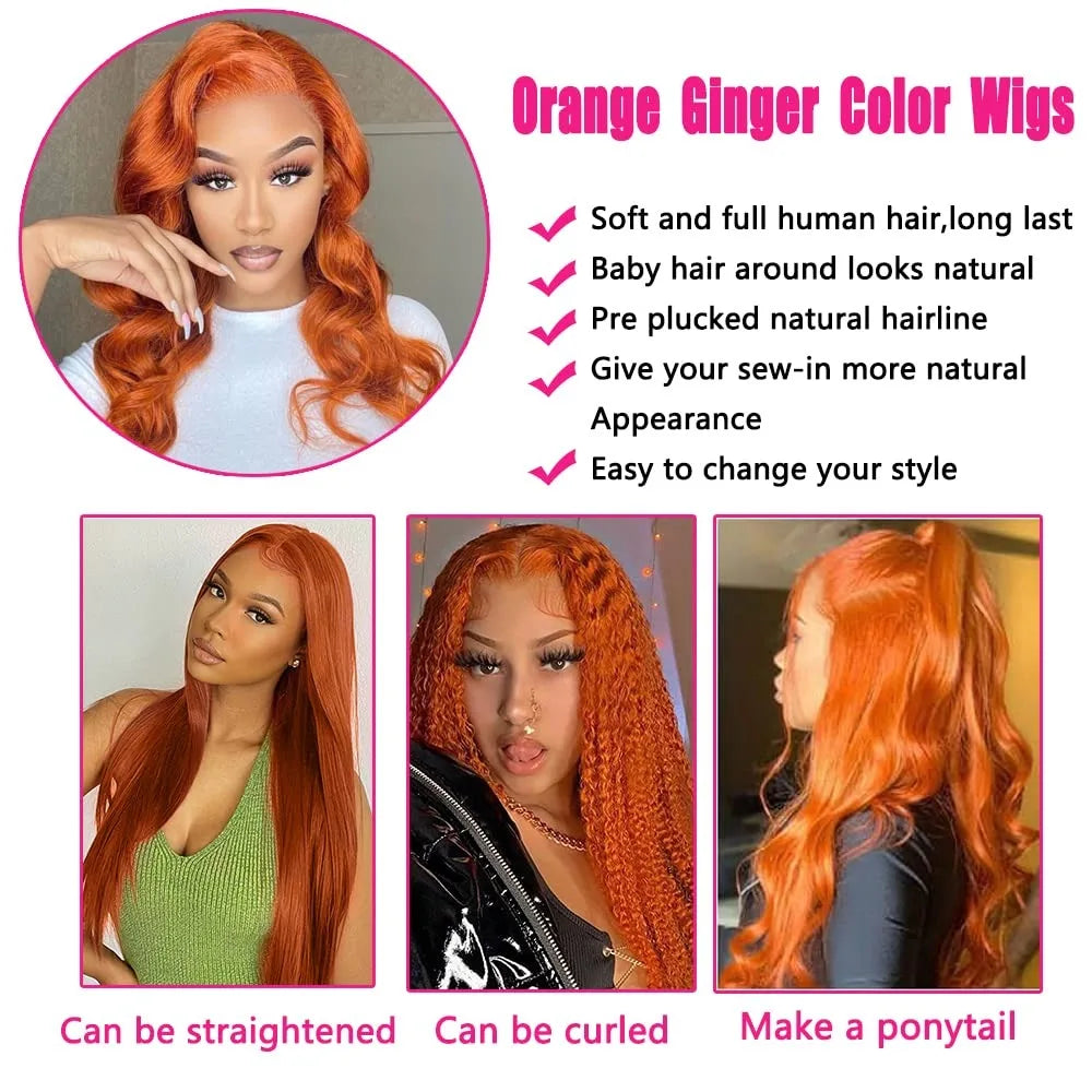 Ginger Human Hair Wig Body Wave Frontal Wig 13X6 Human Hair 30 Inch Lace Front Wigs Colored Brazilian Hair For Women 200 Density