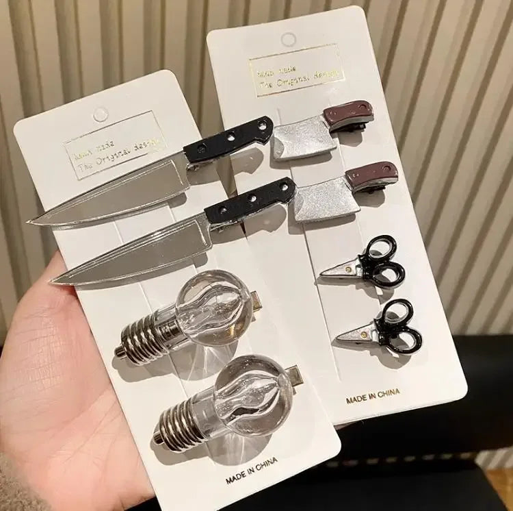 Creative Weird Knife Hair Clips Simulated Scissors Light Bulb Food Hairpins Girls Hairclip Punk Barrette Headwear Accessories