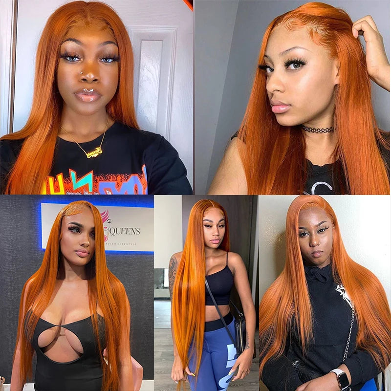 13x4 Orange Ginger Straight Lace Front Wigs Pre Plucked 350 Brazilian Human Hair Wig Female Sale 13x6 Ginger HD Lace Frontal Wig