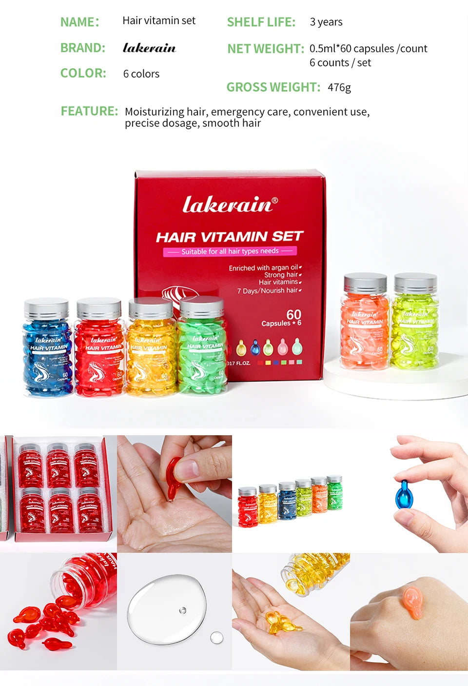 6pcs Moroccan Vitamin Oil Hair Care Essence Damaged Nutrition Repair Hair Splitting Improvement Treatment Products 60 Capsules