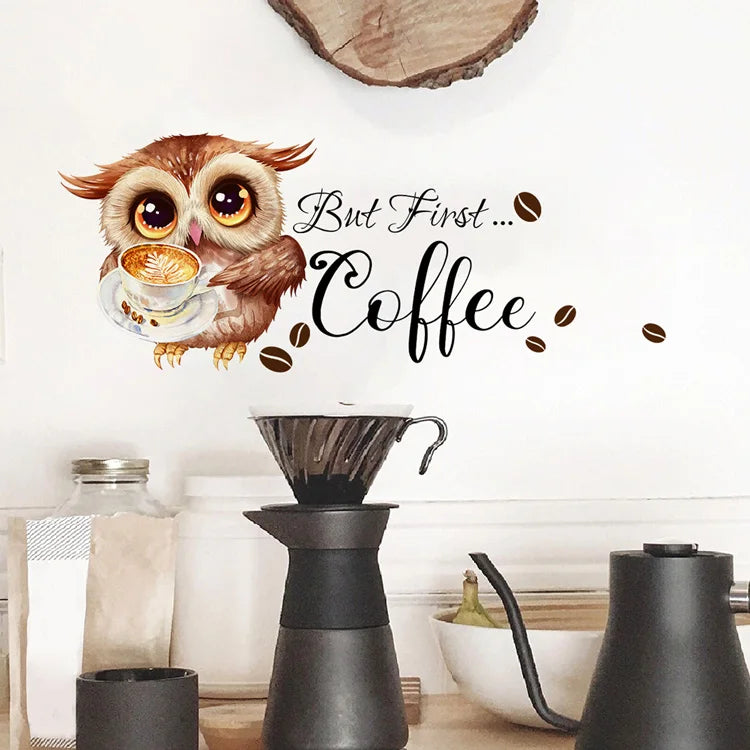Cartoon Owl Coffee Cup Wall Sticker For Kitchen Restaurant Decoration Mural Cafe Pattern Room Home Decor Self-adhesive Wallpaper
