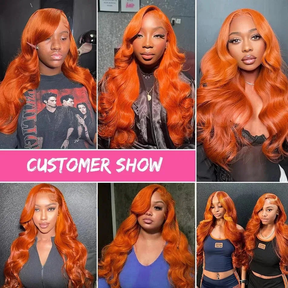34 Inch 350# Ginger Orange Body Wave Burgundy Lace Front Wig Human Hair