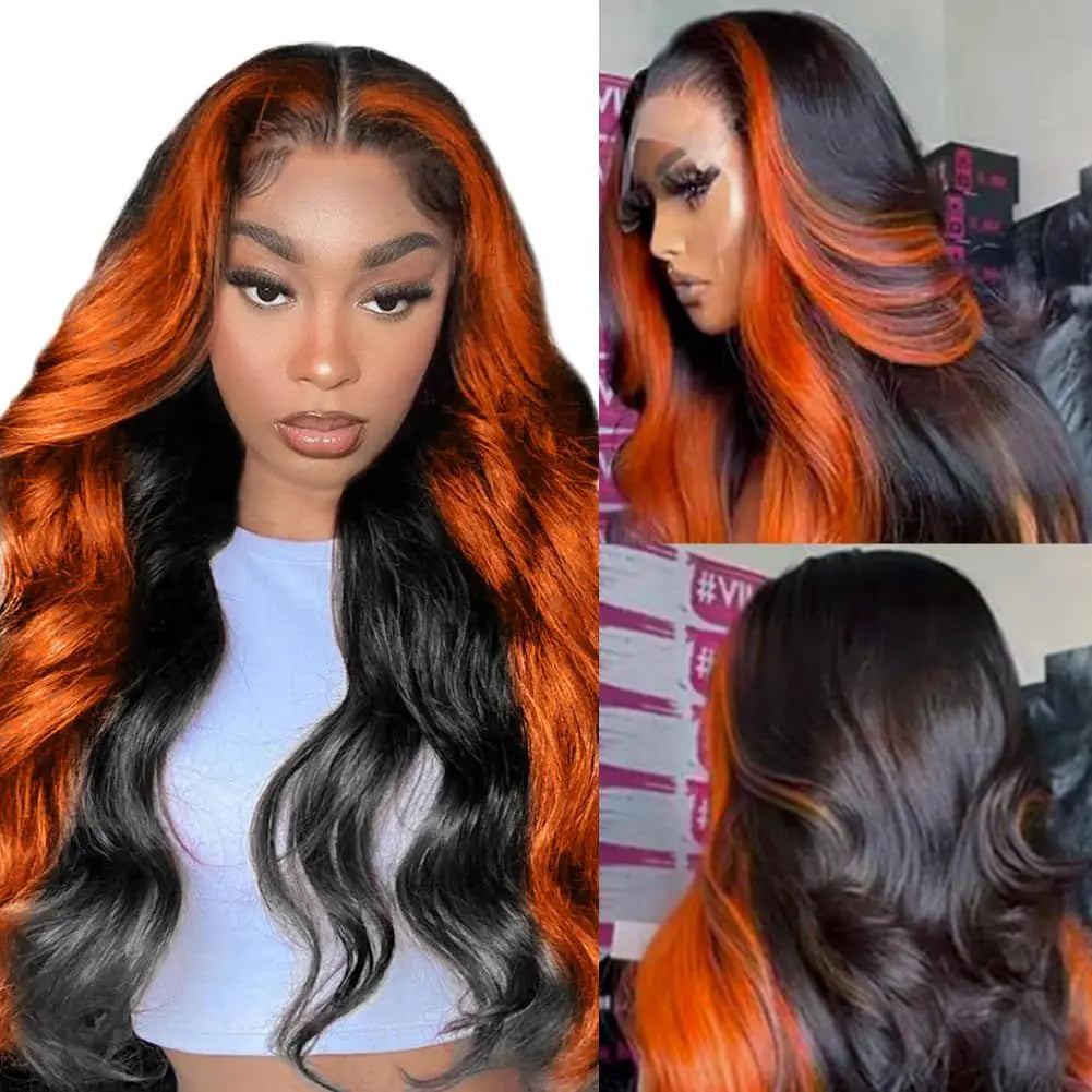200 Density Ombre human Hair Wig Highlight Ginger Orange Brazilian 13X6 Hd Lace Front Wig Body Wave Pre-pluck Lace Frontal Wig
