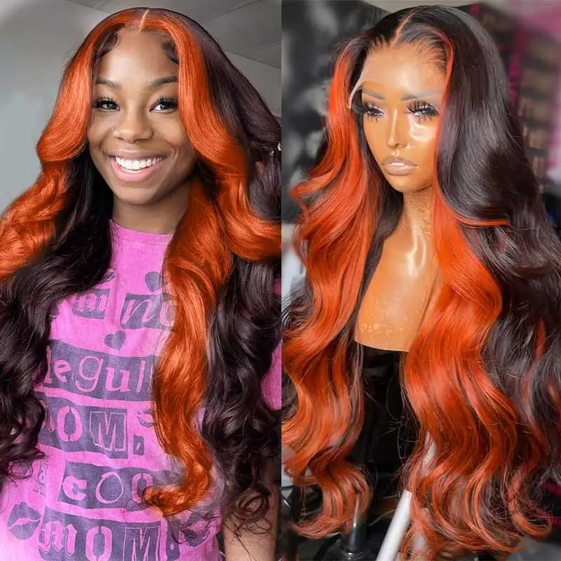 200 Density Ombre human Hair Wig Highlight Ginger Orange Brazilian 13X6 Hd Lace Front Wig Body Wave Pre-pluck Lace Frontal Wig