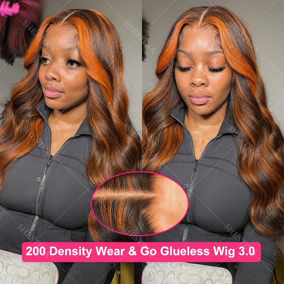 200% Ginger Brown Highlight Wig Human Hair Body Wave 13x4 Lace Front Wig PrePlucked Ombre Ginger Orange Colored 5x5 Glueless Wig