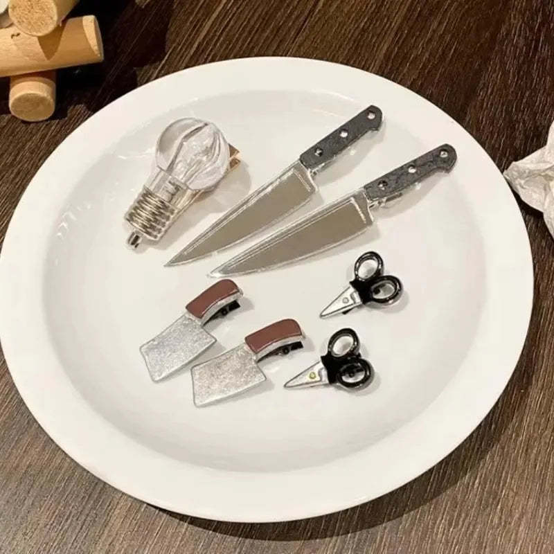 Creative Weird Knife Hair Clips Simulated Scissors Light Bulb Food Hairpins Girls Hairclip Punk Barrette Headwear Accessories