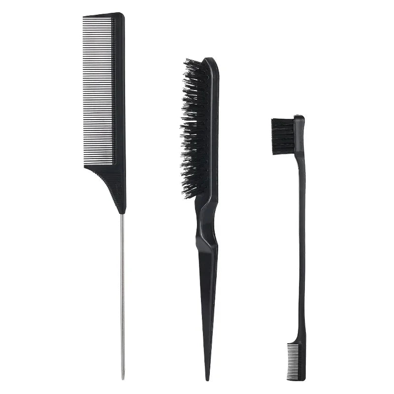 3Pcs Slick Back Hair Brush Set Bristle Hair Brush Brush Teasing Comb for Women Black Hair