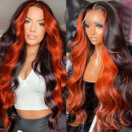 200 Density Ombre human Hair Wig Highlight Ginger Orange Brazilian 13X6 Hd Lace Front Wig Body Wave Pre-pluck Lace Frontal Wig