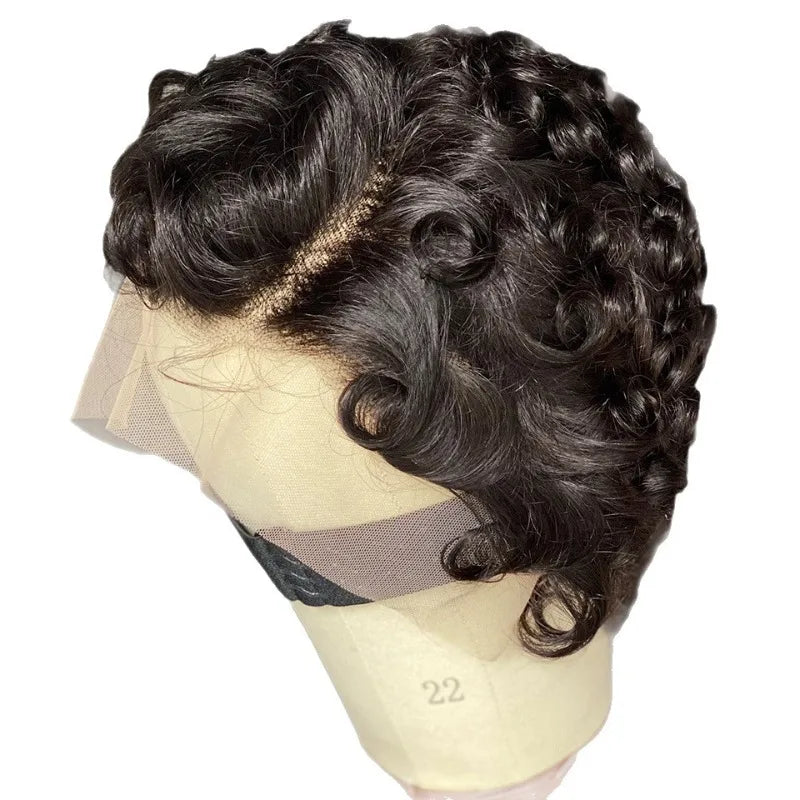 Premium Curly Pixie Cut 13X4 Lace Frontal Wig 150% Density Short Wave Bob Human Hair Wigs for Women Natural Color 6Inches
