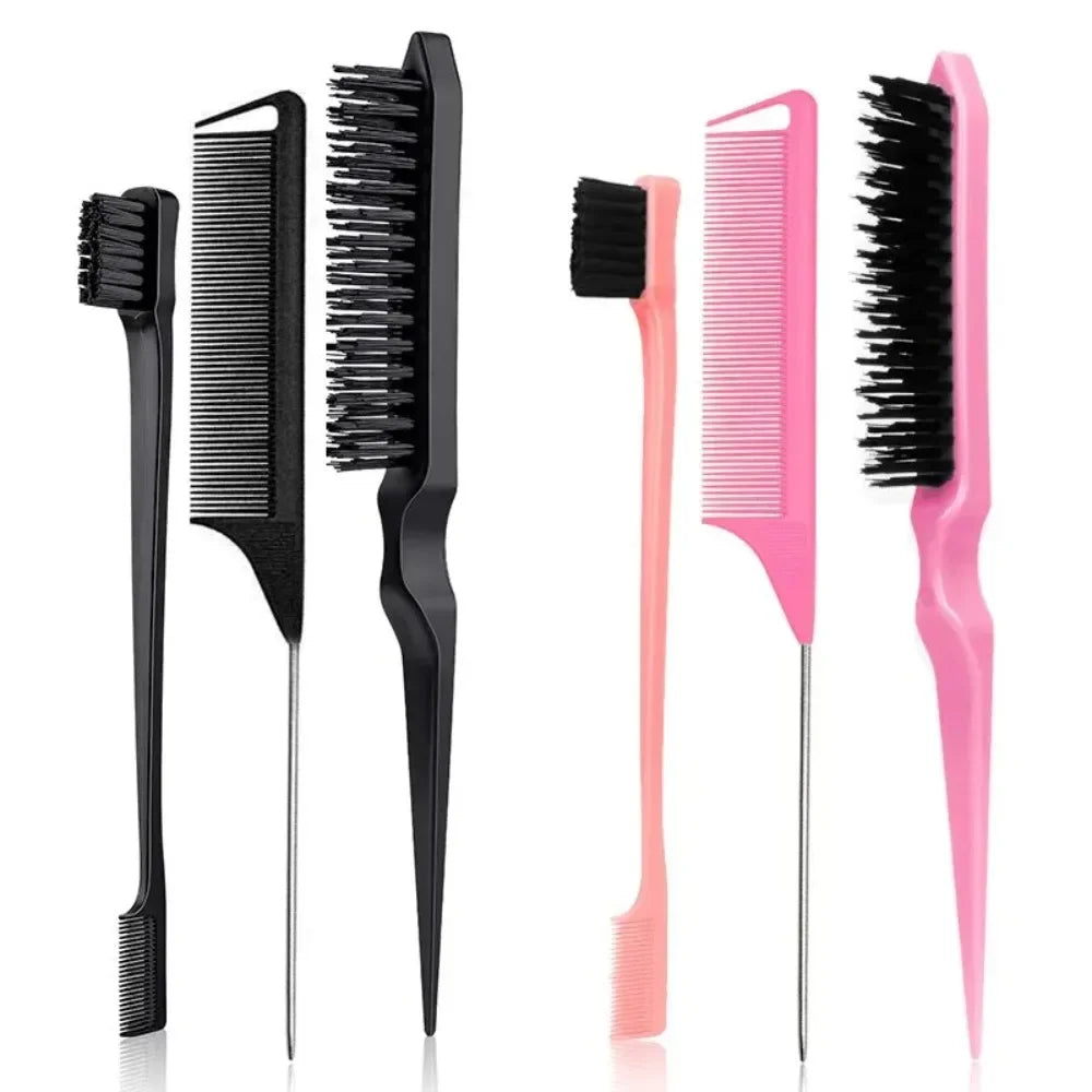 3Pcs Slick Back Hair Brush Set Bristle Hair Brush Brush Teasing Comb for Women Black Hair