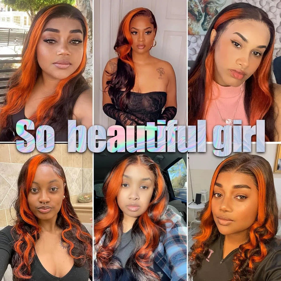 200 Density Ombre human Hair Wig Highlight Ginger Orange Brazilian 13X6 Hd Lace Front Wig Body Wave Pre-pluck Lace Frontal Wig