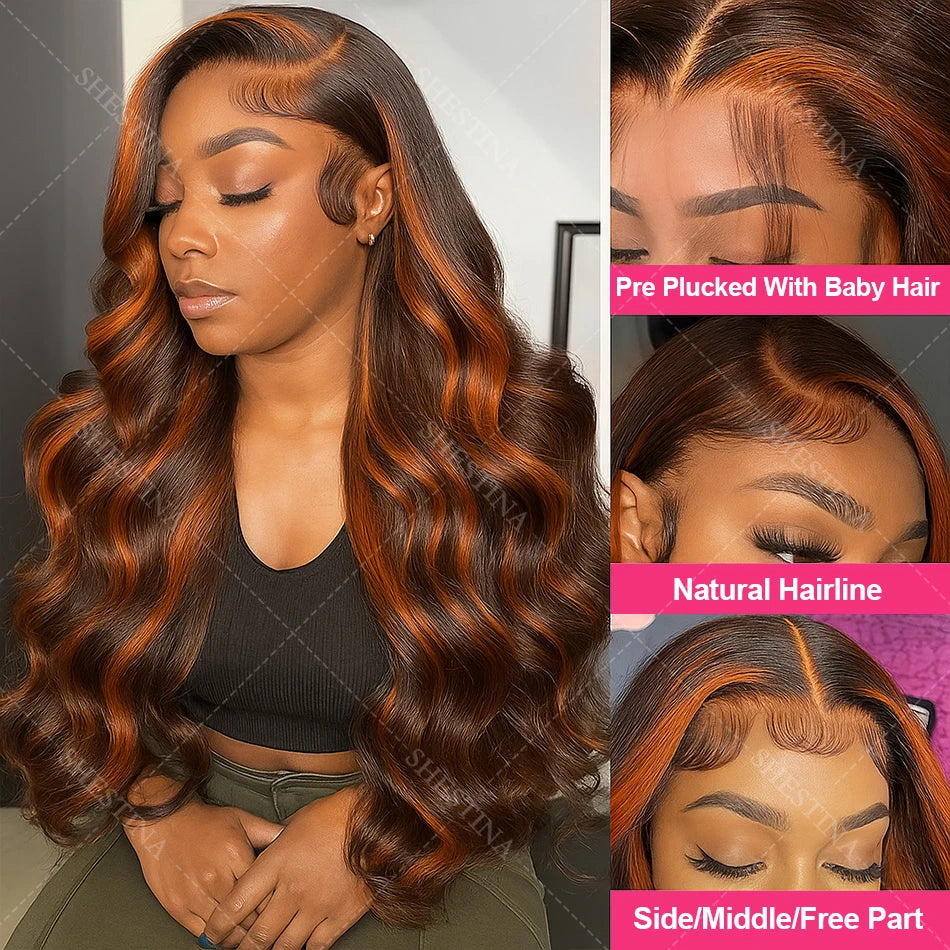 200% Ginger Brown Highlight Wig Human Hair Body Wave 13x4 Lace Front Wig PrePlucked Ombre Ginger Orange Colored 5x5 Glueless Wig