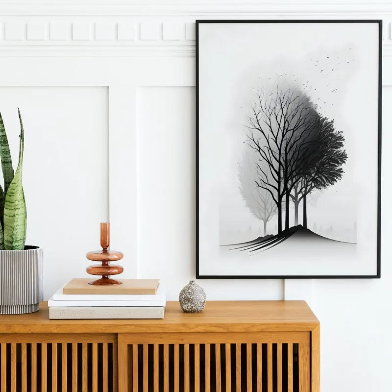 Minimalist Black and White Mountain Tree Crow Landscape Poster Print Canvas Painting Abstract Wall Art Living Room Home Decor