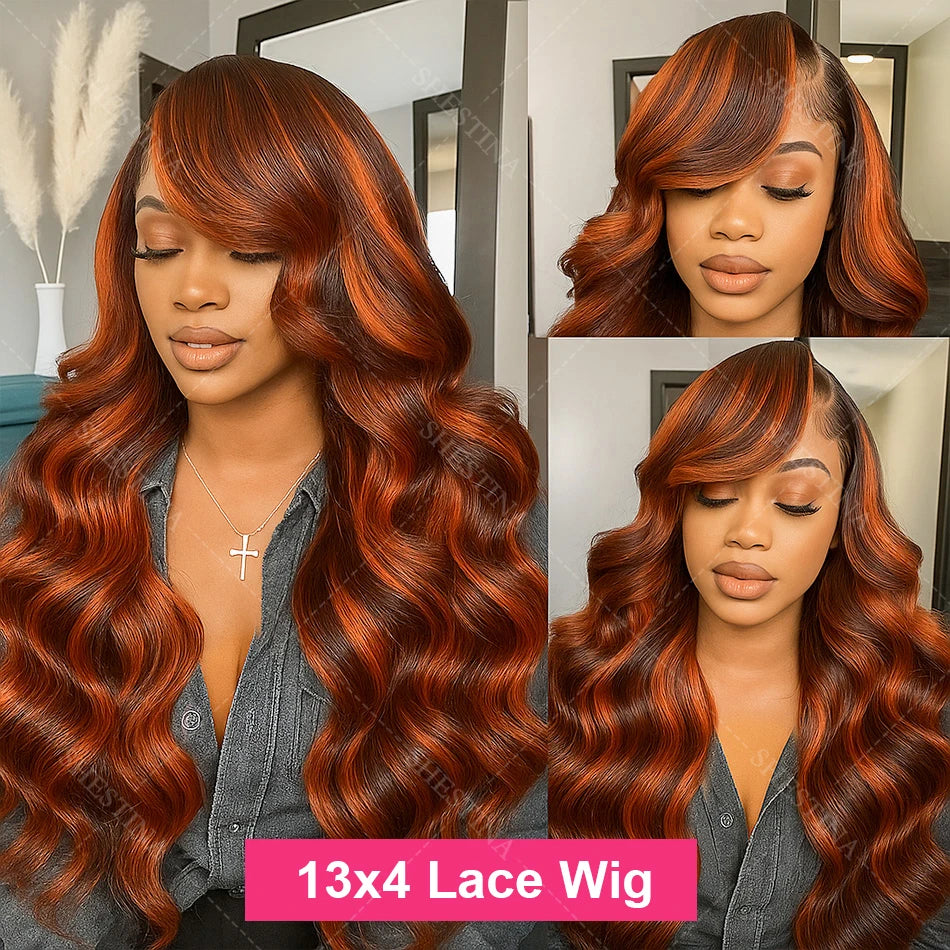 200% Ginger Brown Highlight Wig Human Hair Body Wave 13x4 Lace Front Wig PrePlucked Ombre Ginger Orange Colored 5x5 Glueless Wig
