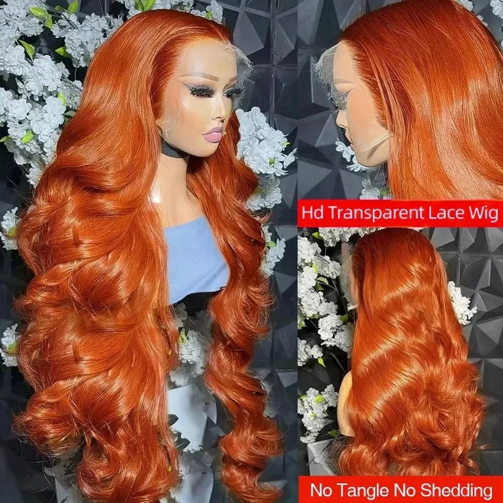 34 Inch 350# Ginger Orange Body Wave Burgundy Lace Front Wig Human Hair