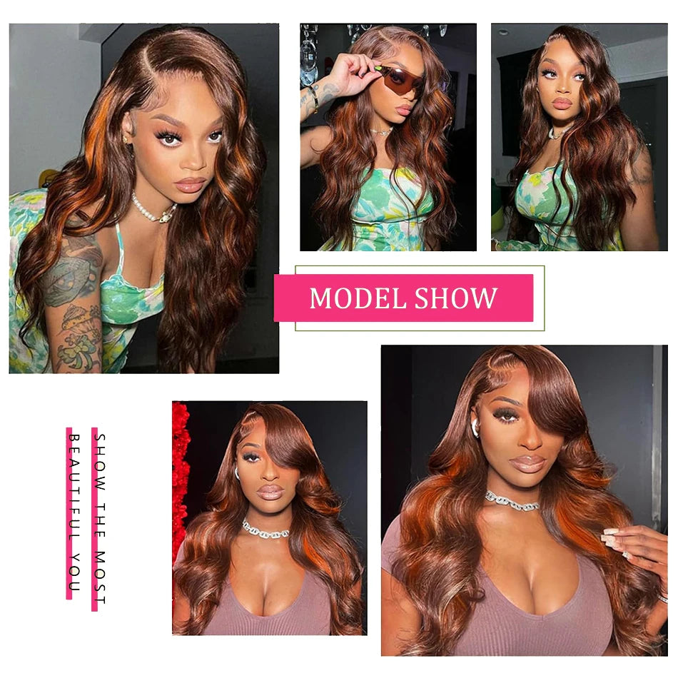 200% Ginger Brown Highlight Wig Human Hair Body Wave 13x4 Lace Front Wig PrePlucked Ombre Ginger Orange Colored 5x5 Glueless Wig