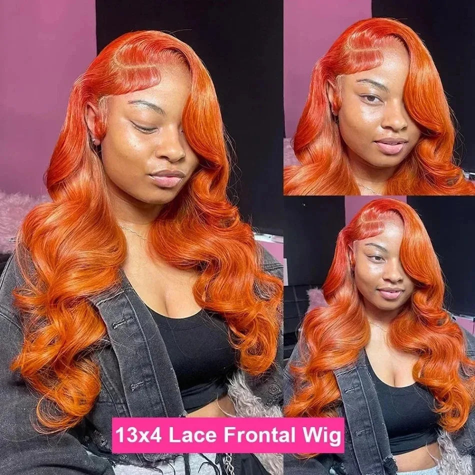 34 Inch 350# Ginger Orange Body Wave Burgundy Lace Front Wig Human Hair