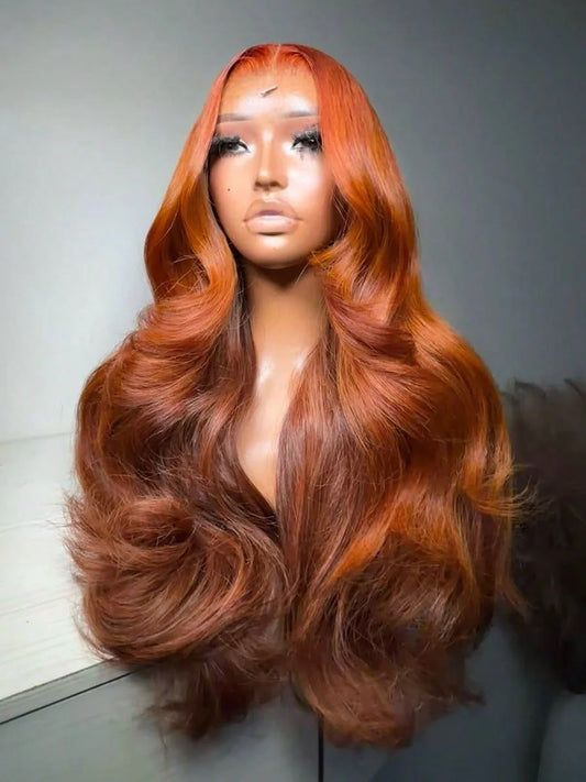 34 Inch 350# Ginger Orange Body Wave Burgundy Lace Front Wig Human Hair