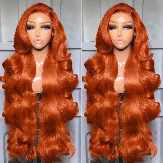 34 Inch 350# Ginger Orange Body Wave Burgundy Lace Front Wig Human Hair