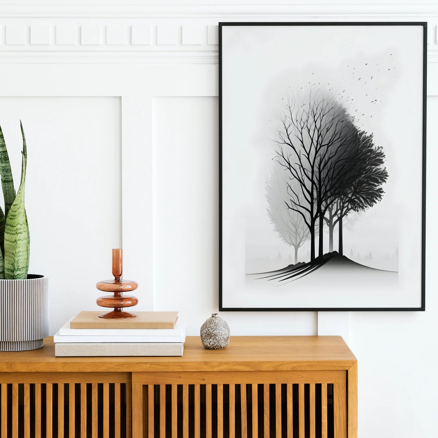 Minimalist Black and White Mountain Tree Crow Landscape Poster Print Canvas Painting Abstract Wall Art Living Room Home Decor