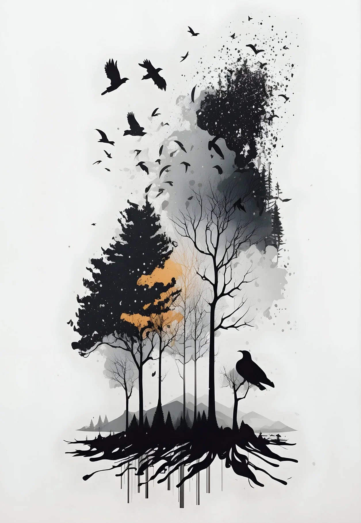 Minimalist Black and White Mountain Tree Crow Landscape Poster Print Canvas Painting Abstract Wall Art Living Room Home Decor