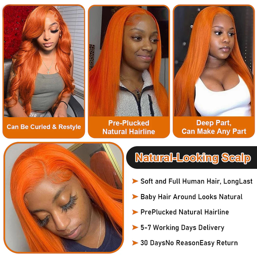 13x4 Orange Ginger Straight Lace Front Wigs Pre Plucked 350 Brazilian Human Hair Wig Female Sale 13x6 Ginger HD Lace Frontal Wig