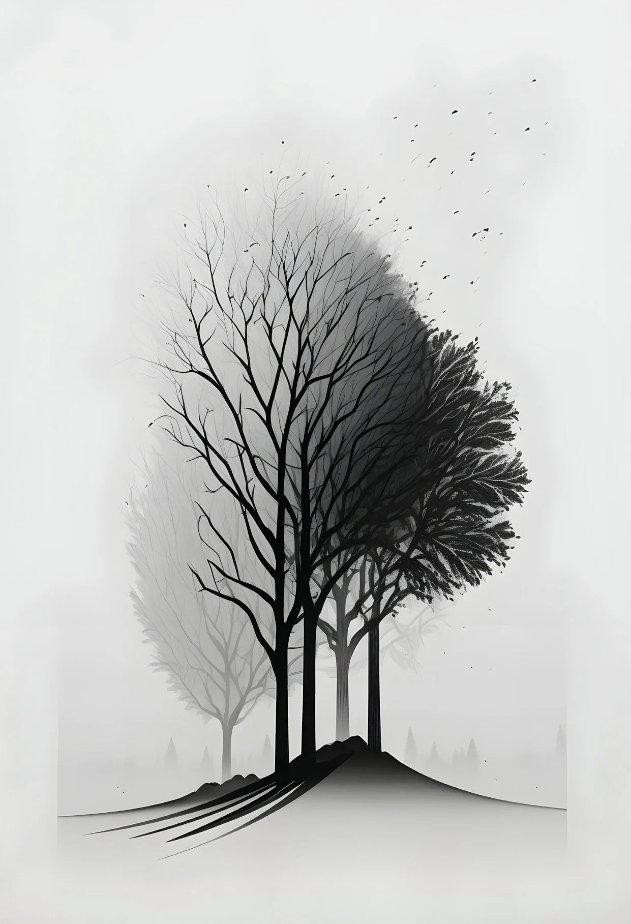 Minimalist Black and White Mountain Tree Crow Landscape Poster Print Canvas Painting Abstract Wall Art Living Room Home Decor