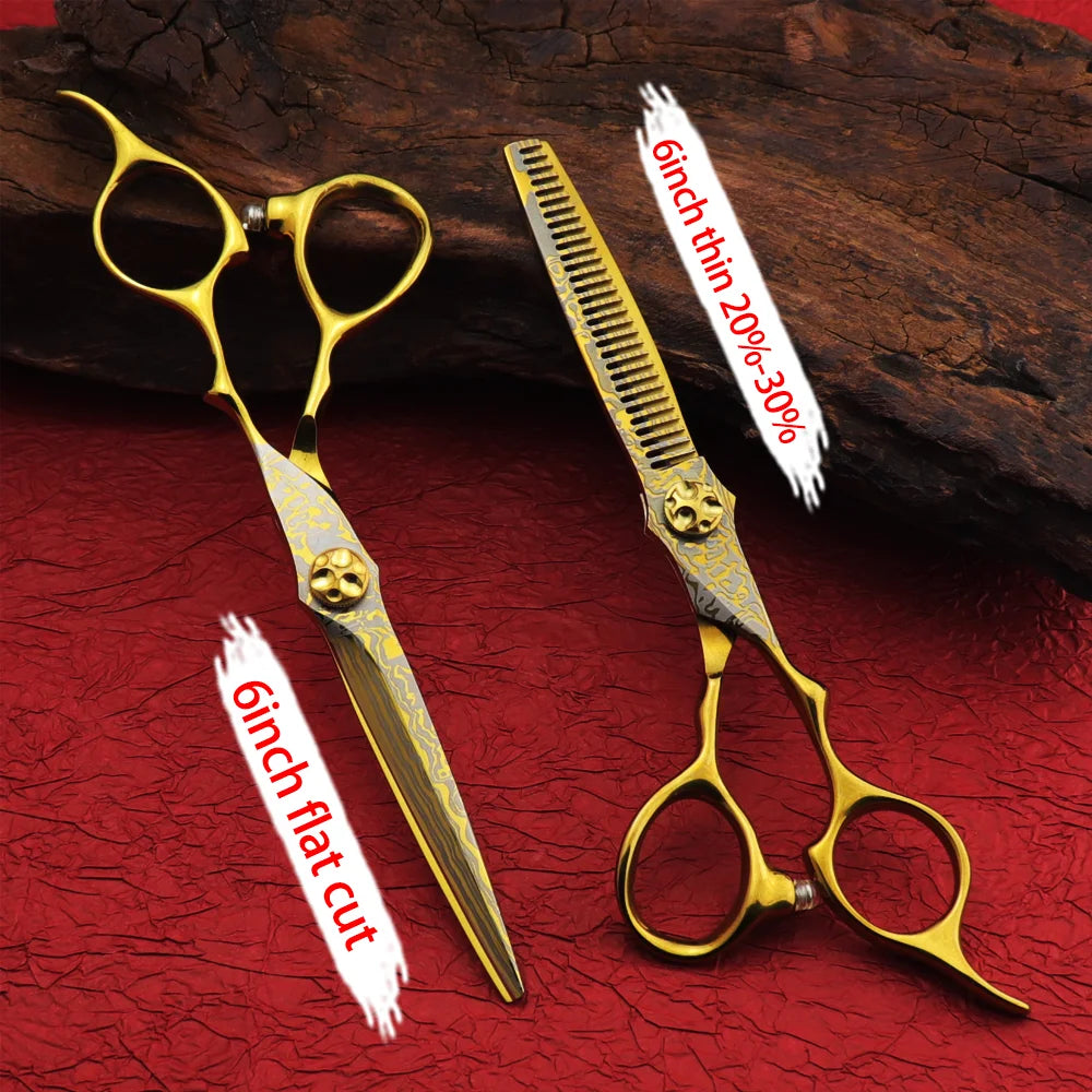 Damascus Hairdressing scissors Gold Professional 6 '' Flower screw haircut thinning barber tools shears hair cutting scissors