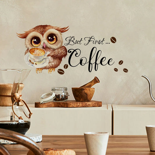 Cartoon Owl Coffee Cup Wall Sticker For Kitchen Restaurant Decoration Mural Cafe Pattern Room Home Decor Self-adhesive Wallpaper