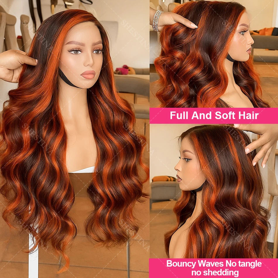 200% Ginger Brown Highlight Wig Human Hair Body Wave 13x4 Lace Front Wig PrePlucked Ombre Ginger Orange Colored 5x5 Glueless Wig